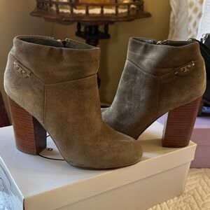 Tory Burch Olive Taupe Suede Ankle Booties with Stacked Heel
